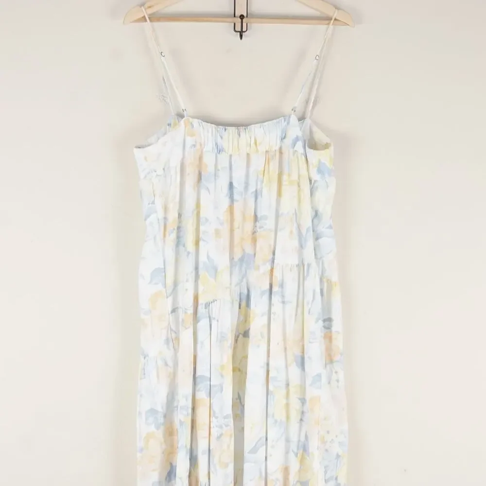 Abercrombie & Fitch Asymmetrical Yellow Blue Floral Linen Tiered Maxi Dress L